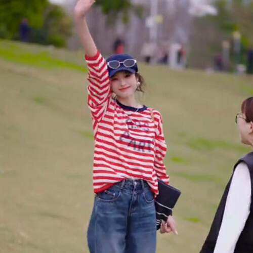 上衣高级感撞色条纹防晒女夏2026新款冰丝透气宽松显瘦T恤11009d
