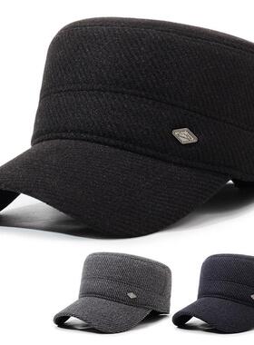 帽子秋冬季男士中老年老头平顶帽爸爸鸭舌帽护耳保暖帽冬天1226r