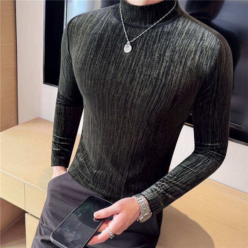 秋冬男式T恤时尚半高领内搭金丝绒修身条纹长袖体恤打底衫潮1023z