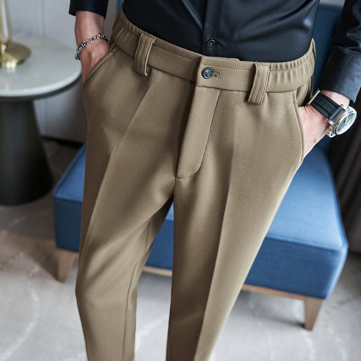 新款男士毛呢长裤秋冬季厚款休闲西裤松紧腰感宽松直筒0929z