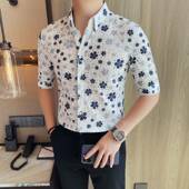 短袖 痞帅时尚 镂空衬衫 男士 夏季 新款 透气花衬衫 百搭休闲印花0130r