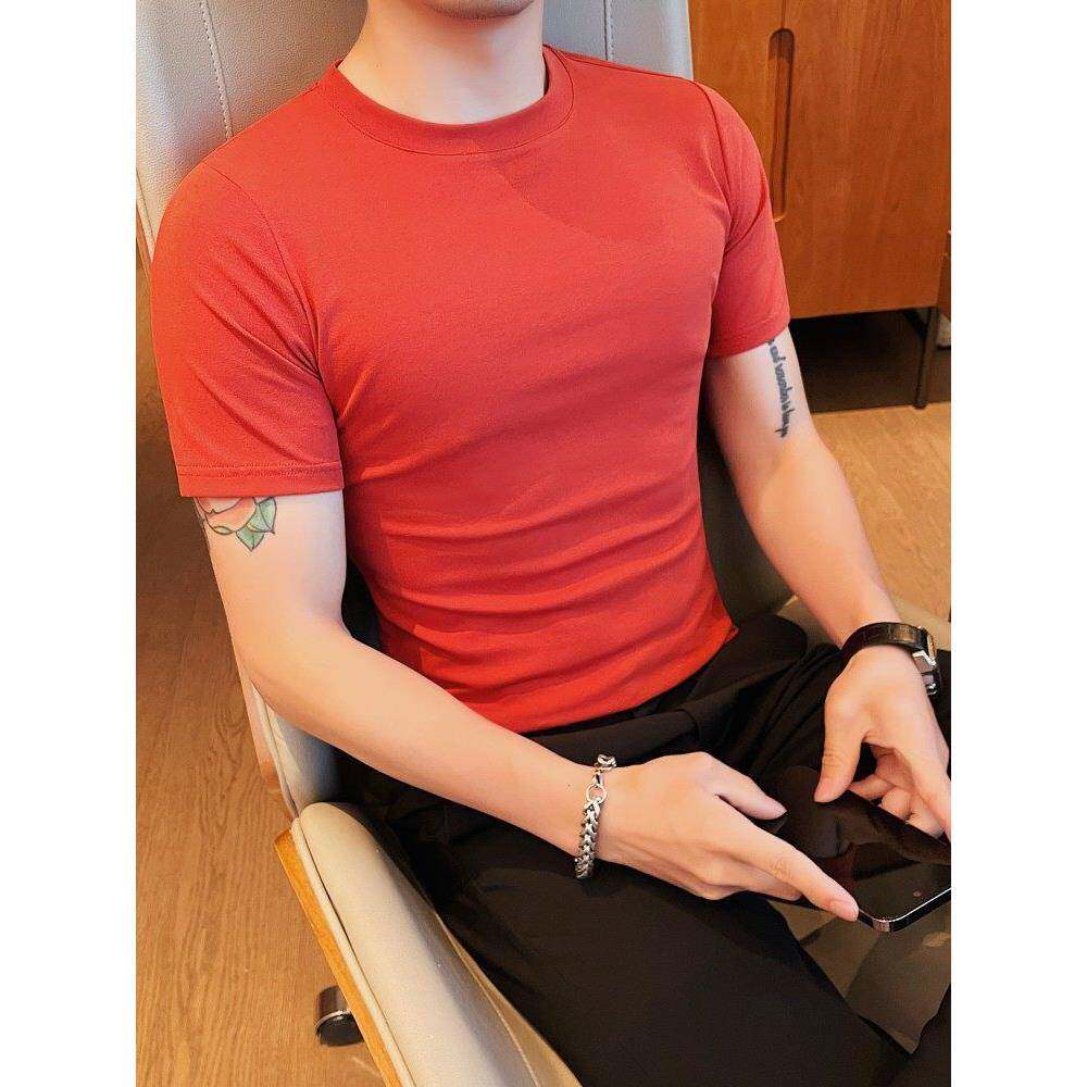 红色短袖男士t恤男士服装纯色2026新款底裤衬衫紧身健身运动0207r