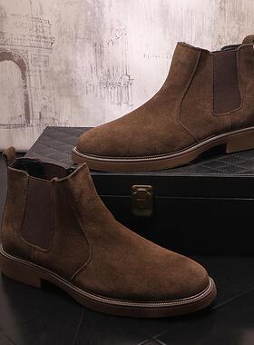 切尔西靴男秋冬复古马丁靴男士英伦尖头中高帮皮鞋套筒休闲1103r