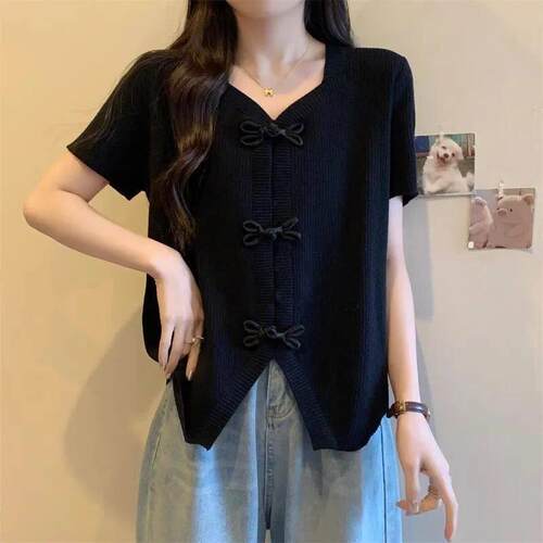 舒适大码新中式国风短袖t恤女夏季新款小众感不规则百搭减龄0506k