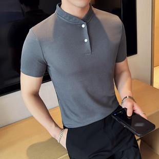 新款 立领polo衫 2025夏季 高端新中式 t恤潮0602z 男色修身 钮扣领短袖