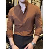 时尚 高级设计感中式 商务休闲百搭痞0130r 韩版 修身 立领衬衫 男长袖