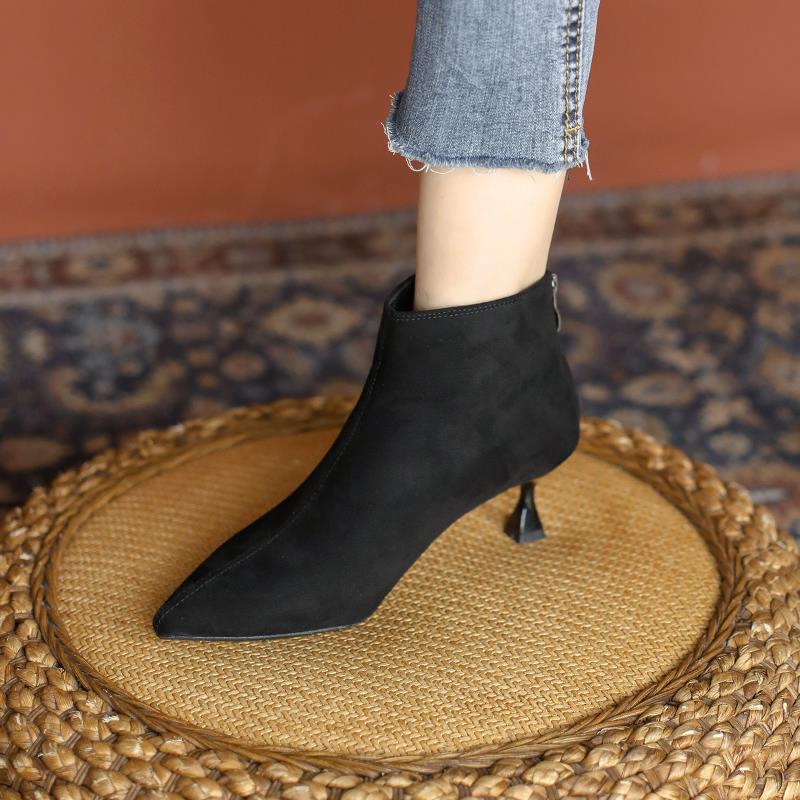 秋冬短靴女2025年新款细跟猫跟5厘米尖头加绒高跟鞋小跟m工1115z