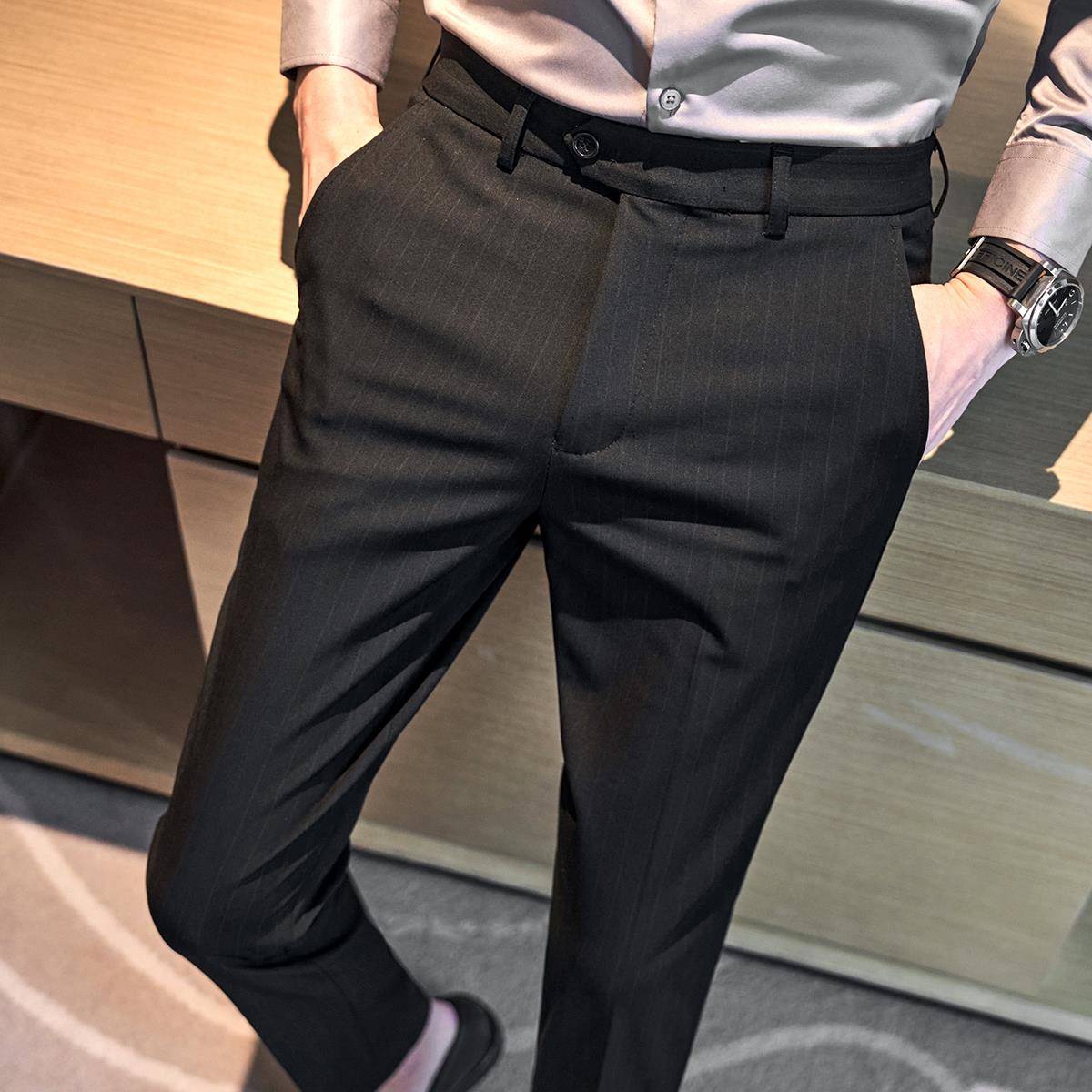 新款条纹西裤男秋冬季加厚感修身小脚男士休闲长裤商务西装0929z