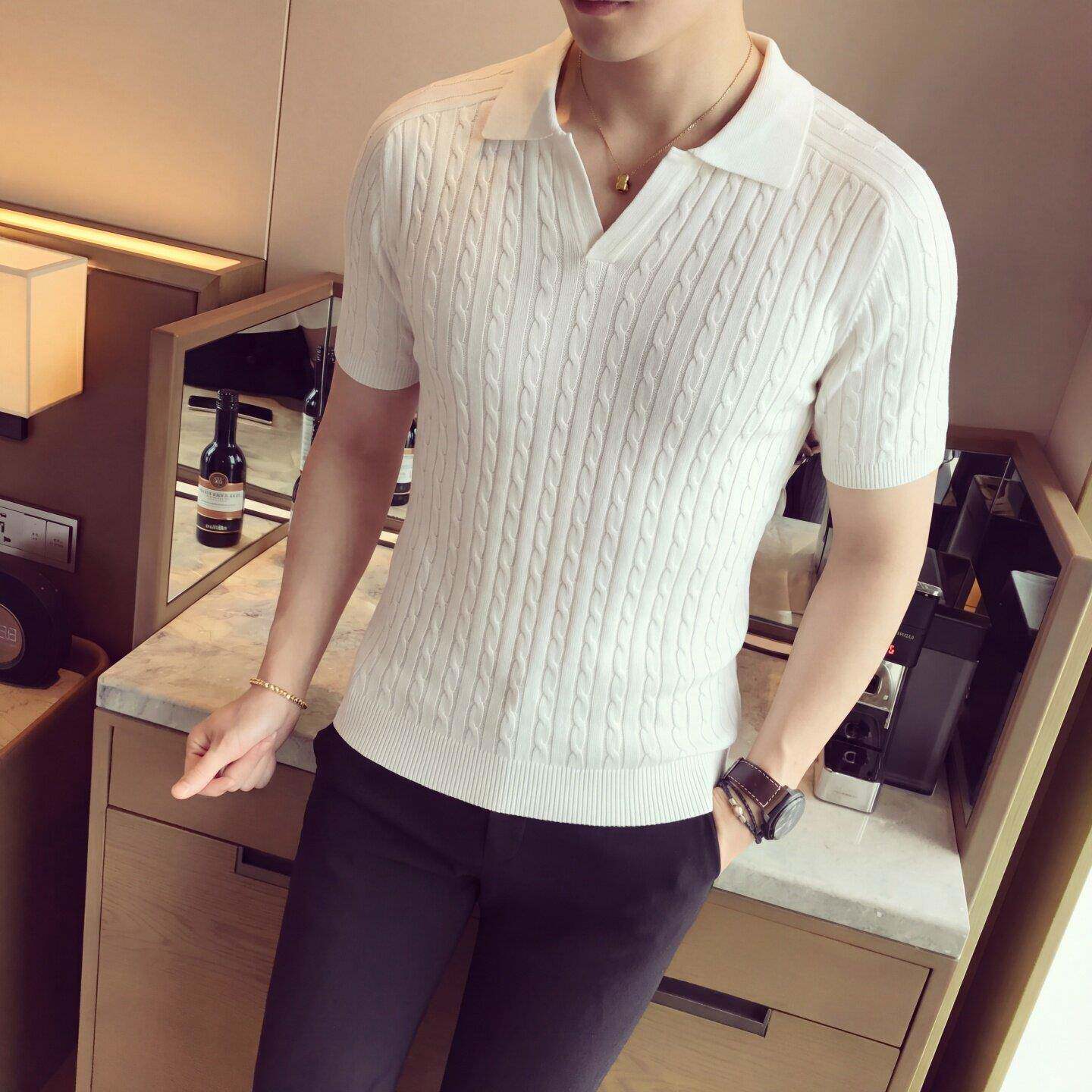 高级感麻花纹冰丝针织短袖polo衫男夏季薄款修身百搭休闲翻0505k