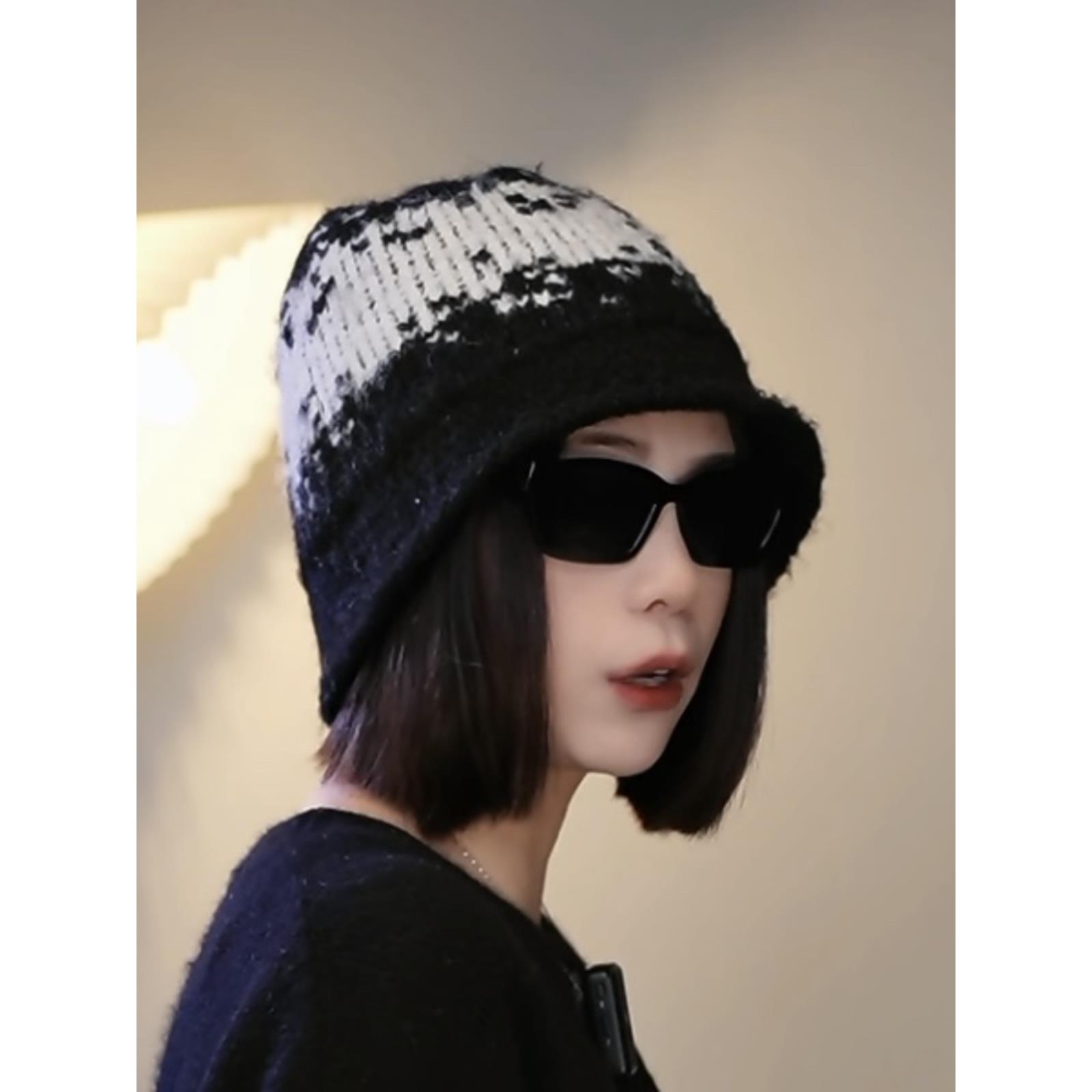 撞色渔夫帽子女款2025新款冬季大头围针织灰色包头冷帽男1129w