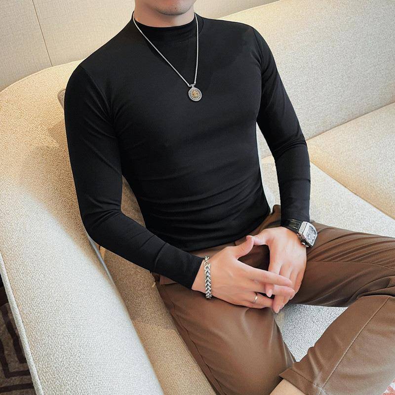 秋冬男士长袖t恤内搭修身打底衫韩版色中领体恤1023z