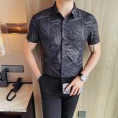 短袖 衬衫 花衬衫 新款 男士 印花修身 夏季 时尚 痞帅百搭休闲上衣0130r