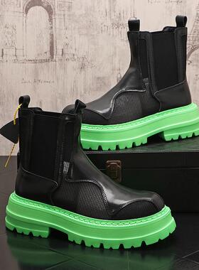 皮靴马丁靴男时尚靴子透气厚底镂空网面鞋增高休闲烟筒靴1103r