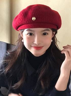 『版型好』高品质红色贝雷帽子女秋冬季大头围气质显脸小画0117k
