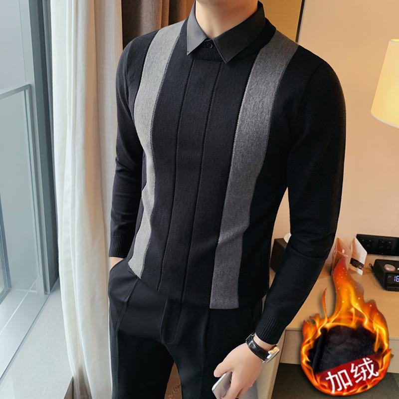 假两件针织衫男毛衣加绒秋冬装修身韩版潮流条纹衬衫领拼接1118r