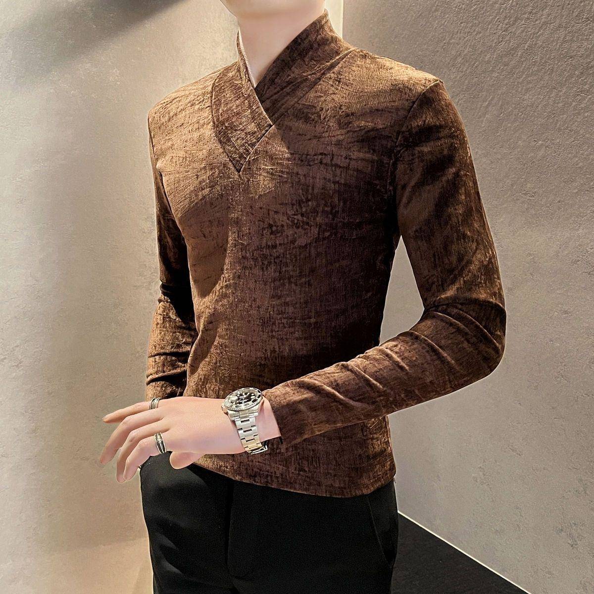 秋冬感潮牌V领打底衫2025新款痞帅韩版修身内搭休闲长袖T恤1023z