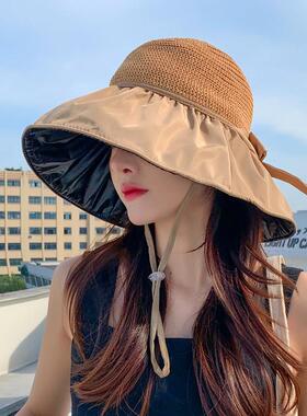春夏黑胶蝴蝶结遮阳帽女镂空草帽UV大帽簷遮脸渔夫帽0130w