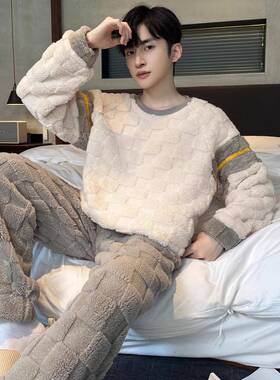 秋冬男士珊瑚绒睡衣男款新款加厚加绒可外穿家居服套12292e