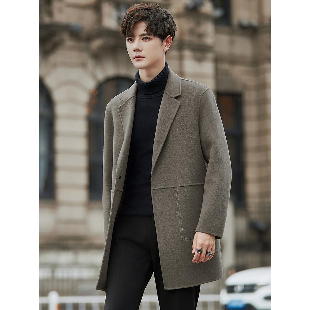 冬季双面子外套男士大衣中长款韩版休闲西装领呢子风衣潮流1121w