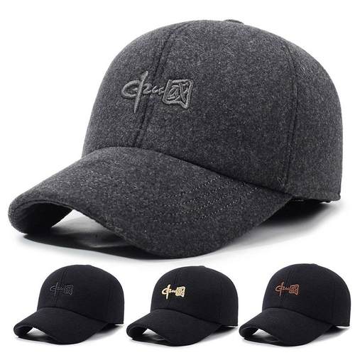 冬季鸭舌帽男士毛呢刺绣保暖棒球帽加厚护耳国潮中老年休闲1217r