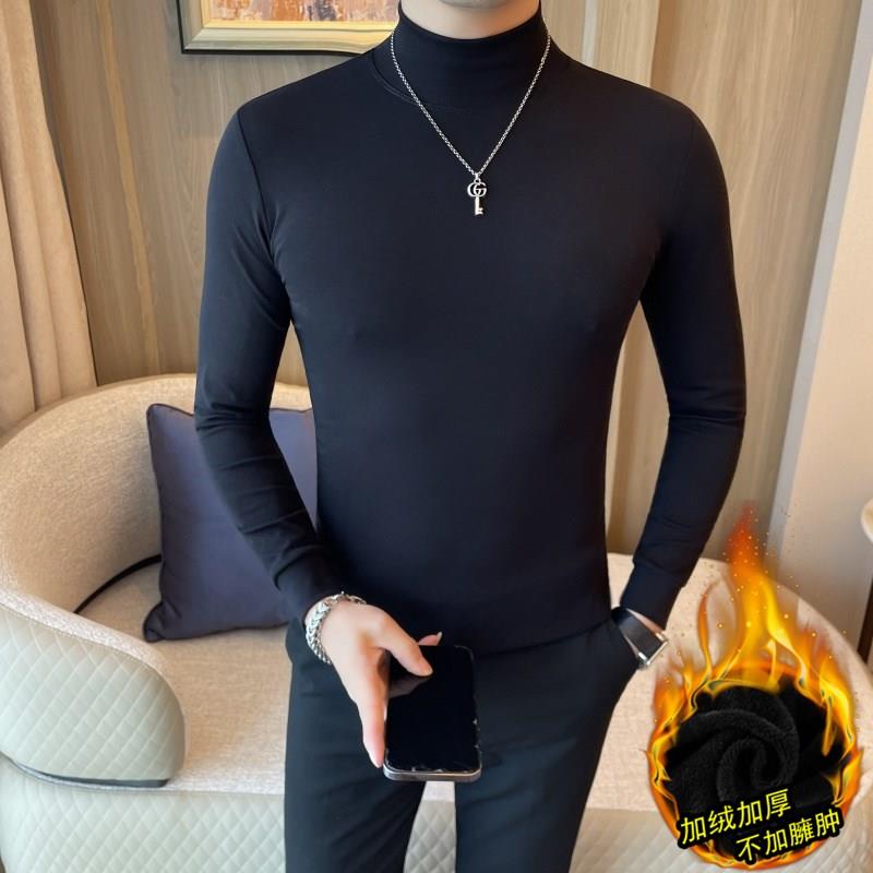 秋冬加绒加厚保暖中领长袖打底衫男修身纯色弹紧身半高领T恤1214z