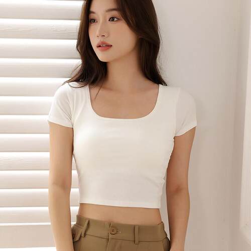 带胸垫方领短袖t恤女2026新款夏季短款露脐半袖内搭修身打底0621k