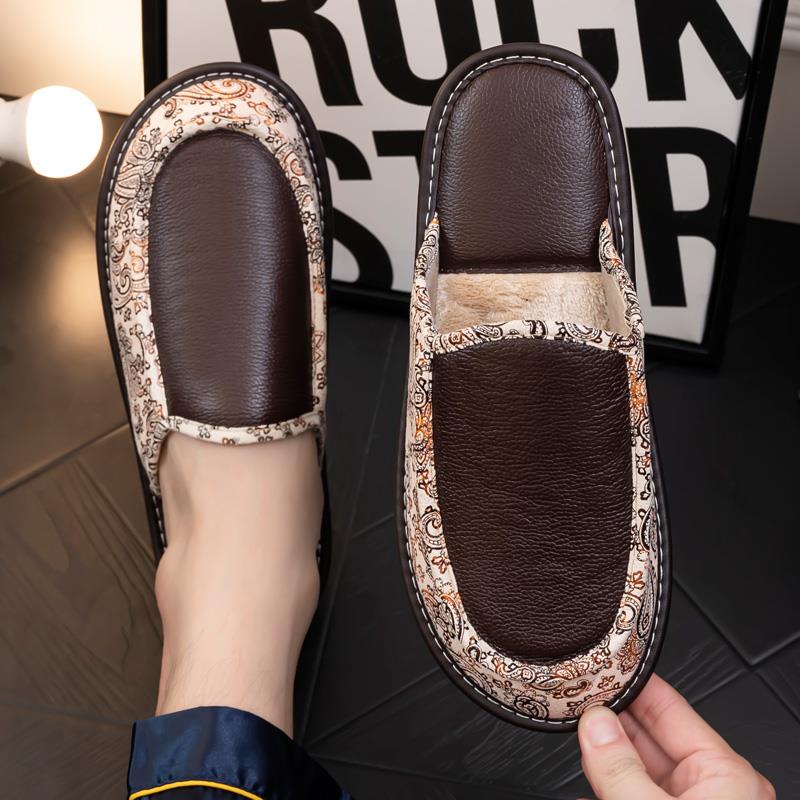 秋冬面绒布拼接民族风情侣家用棉拖鞋男女室内厚底防滑居家1027z