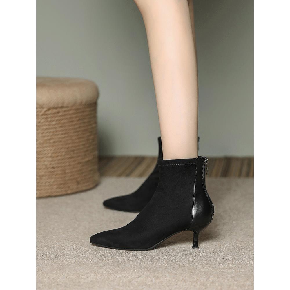 秋冬黑色高跟鞋细跟尖头短靴女5公分2025新款单靴裸靴小跟瘦1115z