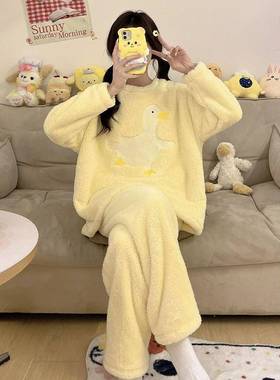 黄色珊瑚绒睡衣女秋冬季2025年新款加厚加绒冬天时尚家居服1123r