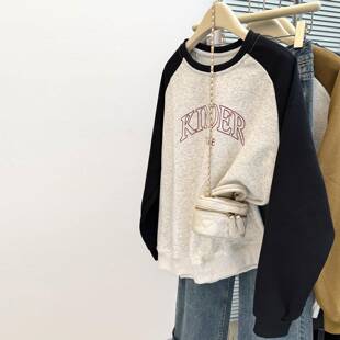 早秋美式chic慵懒撞色圆领长袖卫衣女秋冬薄款宽松韩版插肩0903k