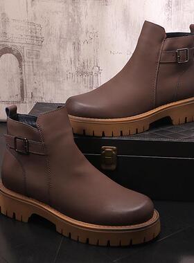 切尔西靴男短筒秋冬马丁靴内增高百搭男士高帮皮鞋工装男短1103r