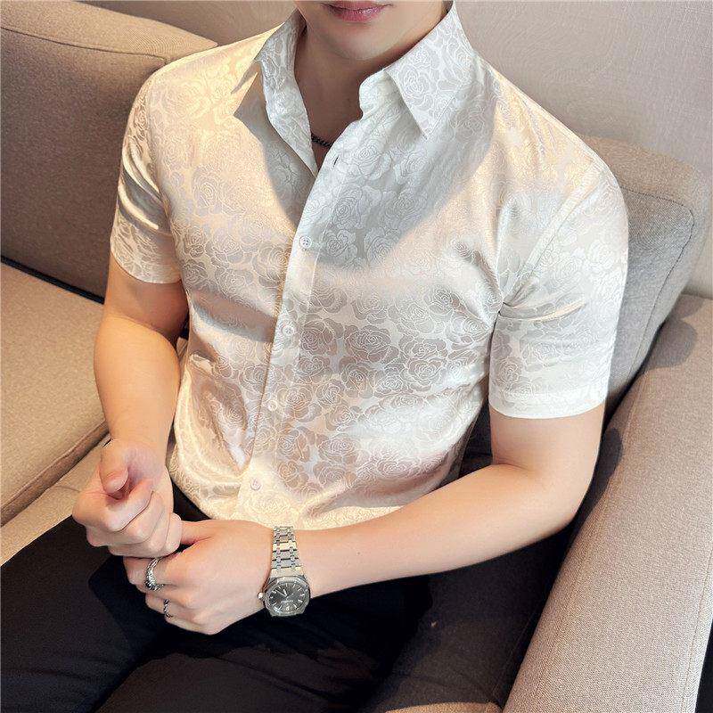 春夏花衬衫男新款休闲暗花纹短袖衬衫韩版潮流修身亮面寸衫0320k