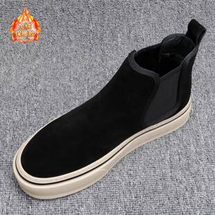 春秋翻毛皮休闲高帮皮鞋男款加绒保暖鞋日常百搭套筒厚底马0107z
