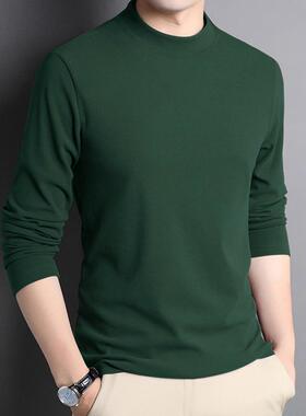 墨绿色双面打底衫男士秋冬新款加绒保暖长袖T恤圆领修身上衣1221r