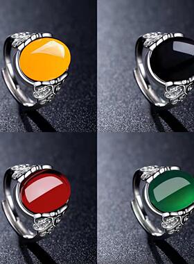 女小众设计不掉色新款绿玛瑙玉髓古银开口戒指女皇冠钻戒镂空蝴蝶