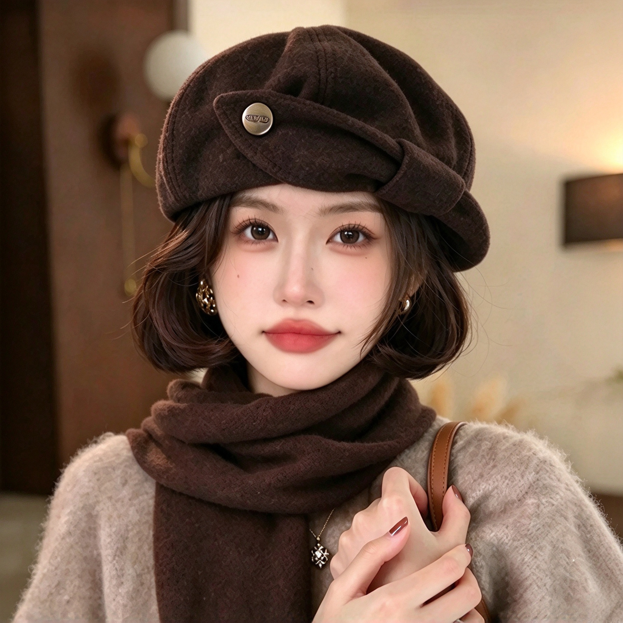 冬季帽子女复古简约蝴蝶结贝雷帽