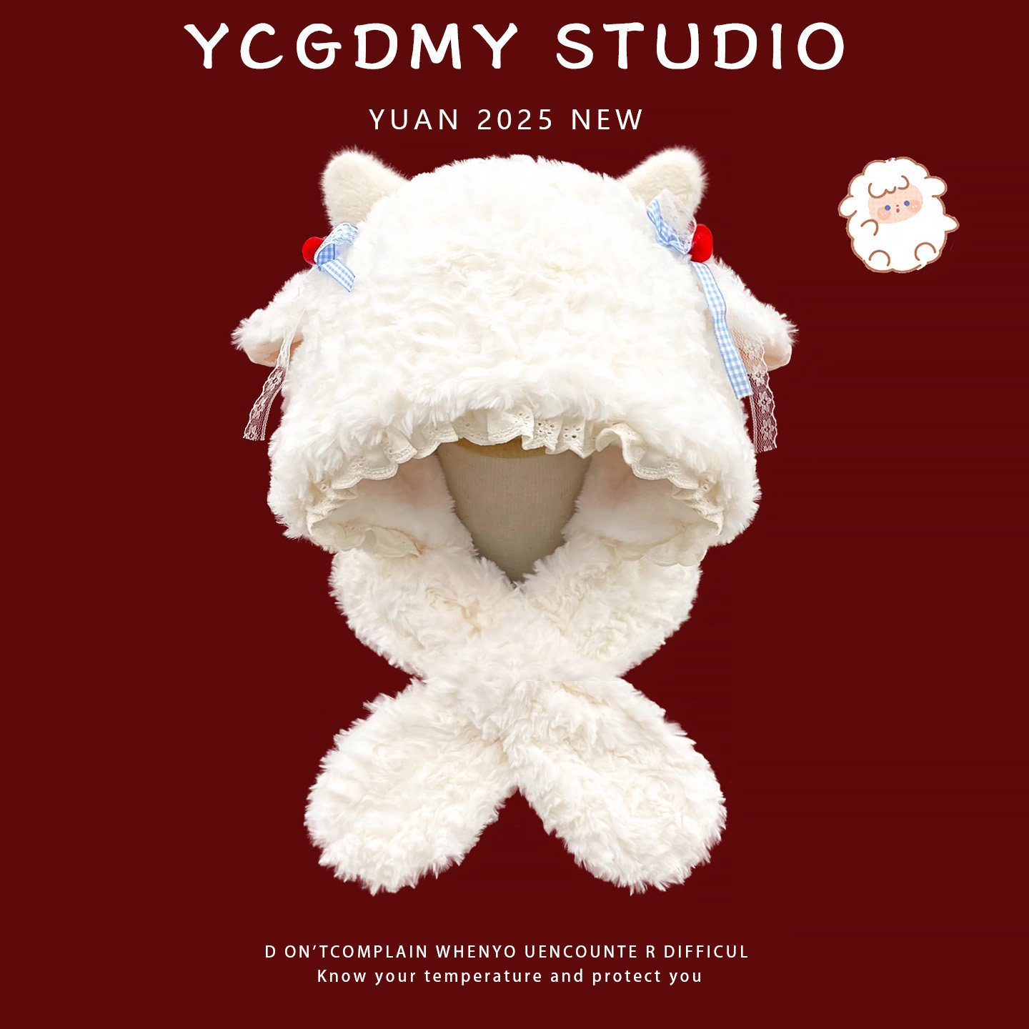 可爱卡通小羊蕾丝蝴蝶结雷锋帽子女秋冬季围巾一体加厚保暖包头帽