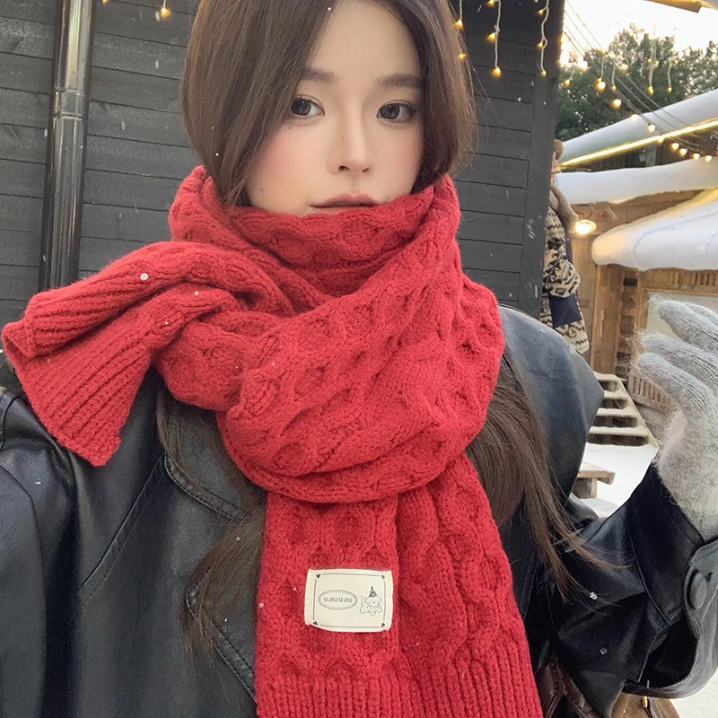 韩系纯色麻花针织毛线红色围巾女冬季氛围感加厚保暖软糯护颈围脖