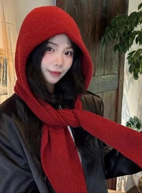 2025秋冬新款红色针织帽子女围脖一体穿搭加厚保暖护颈披肩围巾帽