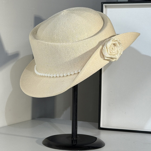 法式 帽子女款 2026新款 透气防晒帽遮脸遮阳帽 复古珍珠优雅礼帽夏季