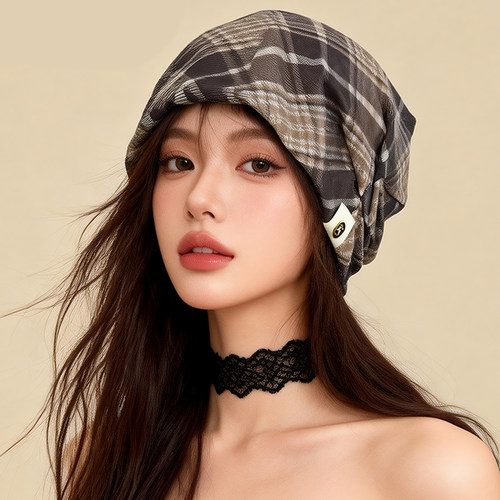 复古格纹堆堆帽女夏冷帽褶皱