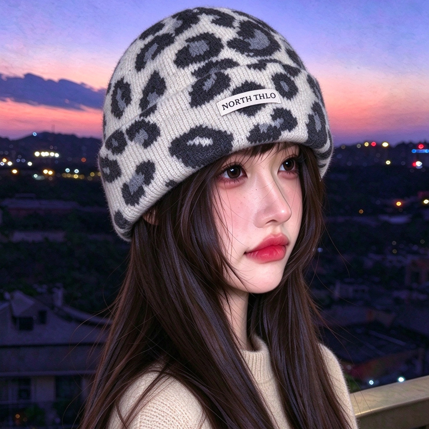 美式复古豹纹针织帽冬季帽子女款百搭保暖护耳帽显脸小毛线帽冷帽