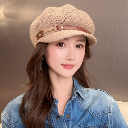 韩版复古镂空皮革扣防晒八角帽