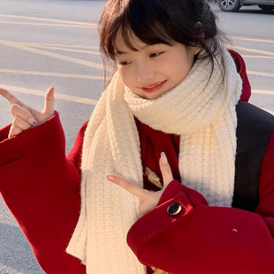 韩版高级氛围感白色围巾女2025新款秋冬季百搭针织保暖纯色围脖潮