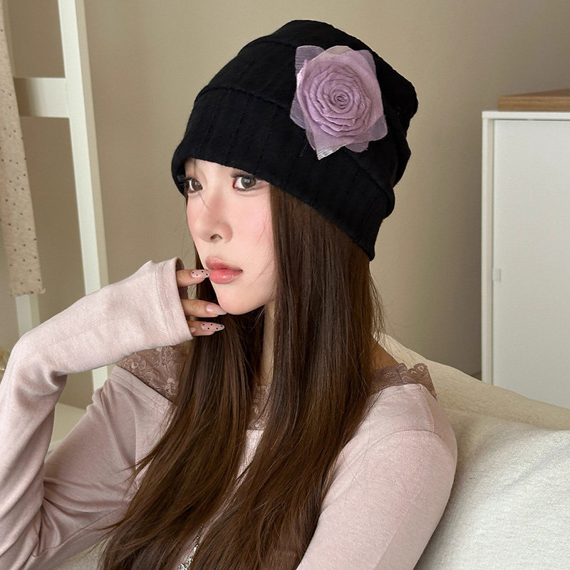 韩系立体玫瑰花针织包头帽子女秋季薄款透气大头围显脸小堆堆帽潮