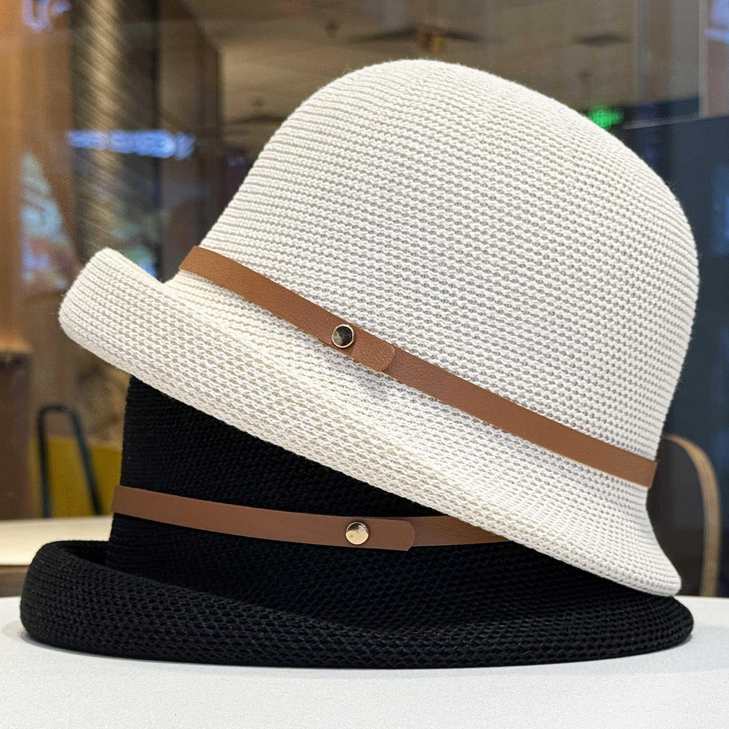 法式复古皮带扣卷边针织渔夫帽子女春夏季薄款透气百搭显脸小盆帽