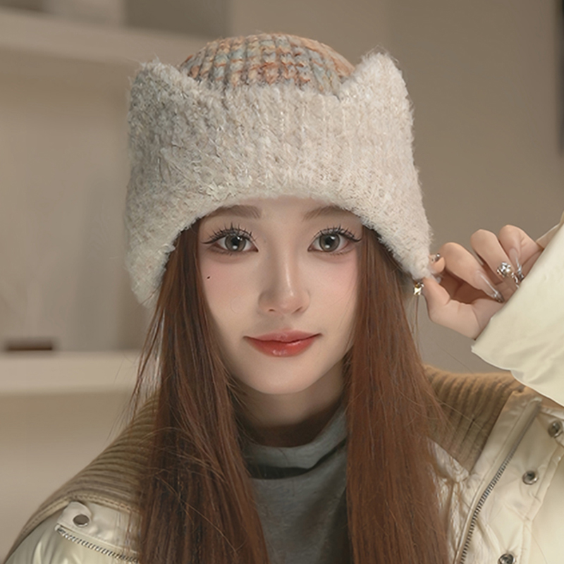 针织帽逛街甜美可爱秋冬小猫翻边