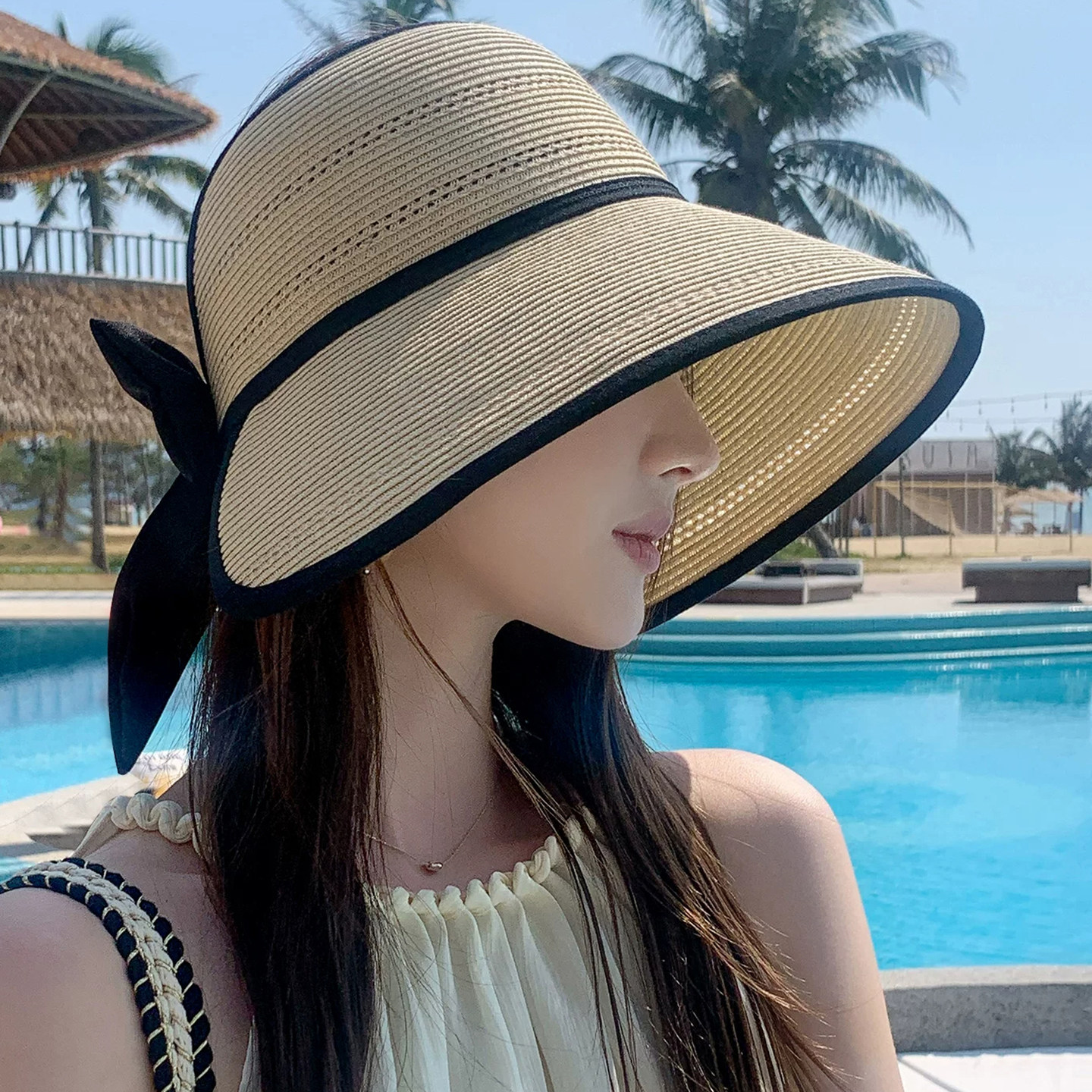 草编空顶帽环绕式防晒帽夏季帽子女款可折叠遮阳帽百搭显脸小草帽