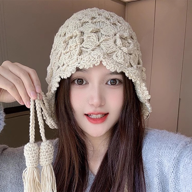 针织帽逛街休闲女秋冬手工钩花