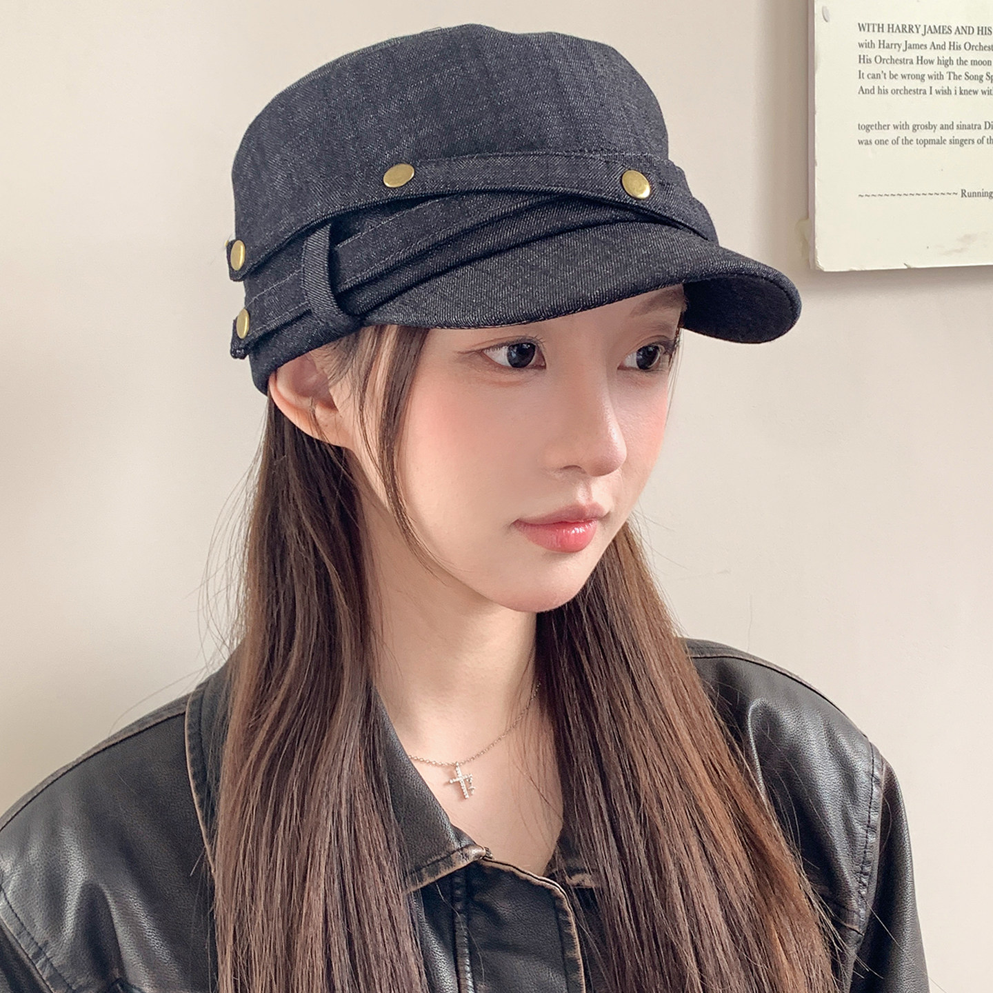 金属扣牛仔马术帽女显脸小